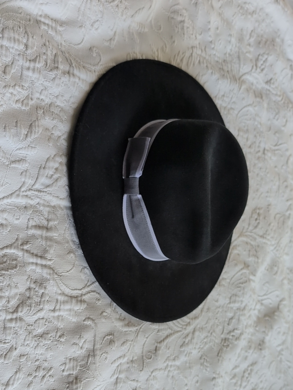 Black Wide-Brim Wool Fedora with Gray Band